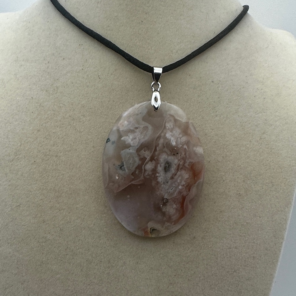 Oval Flower Agate Pendant on Satin Rope - Picture 3 of 11